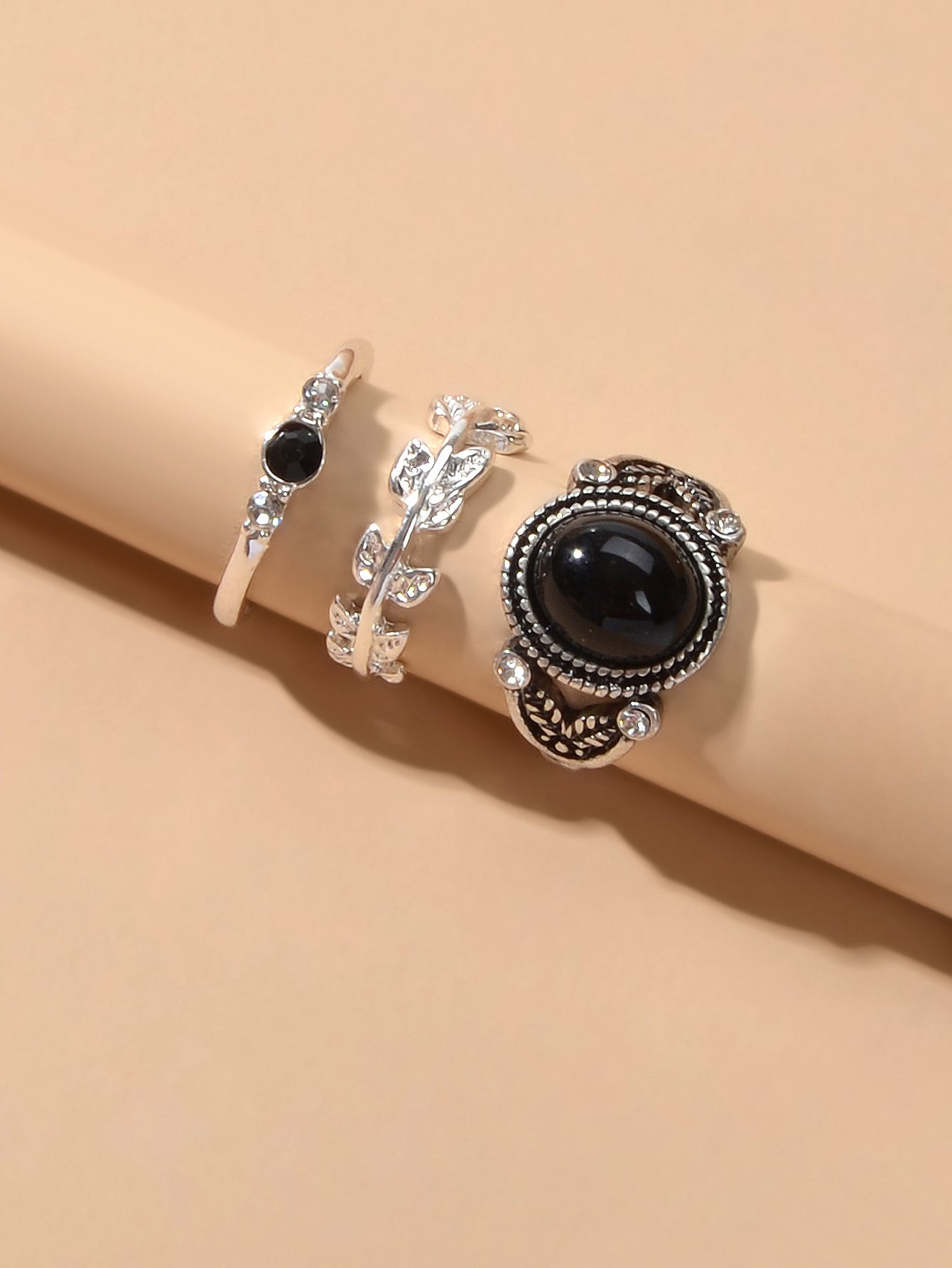 3 pcs Vintage Antique Leaf Geometric Multiple Stackable Punk Finger Rings Set