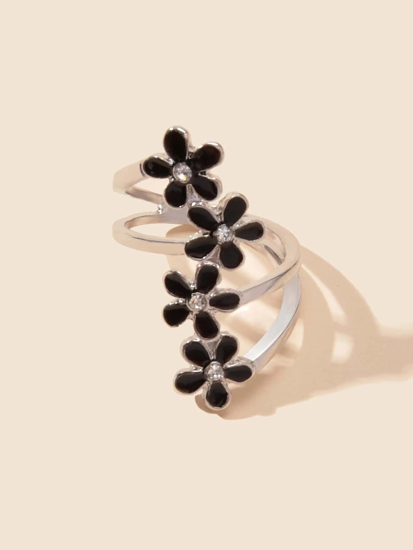 Elegant Jewelry Green Black Enamel Flower Finger Ring Wedding Band Comfort Ring