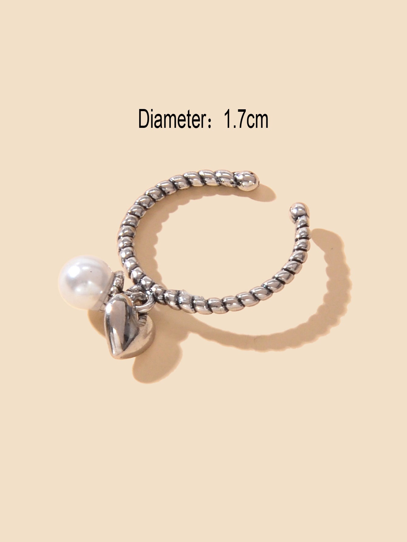 Vintage Silver Statement Antique Pearl Heart Charm Open Cuff Ring Women's Band