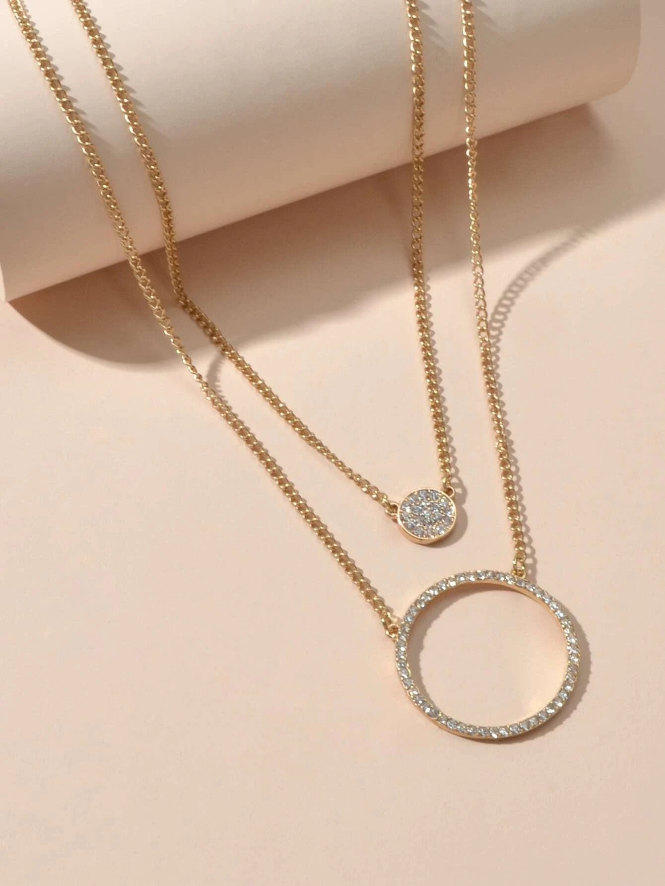 2 pcs Gold Silver Chain Rhinestone Round Circle Pendant Necklace Jewellery Gift