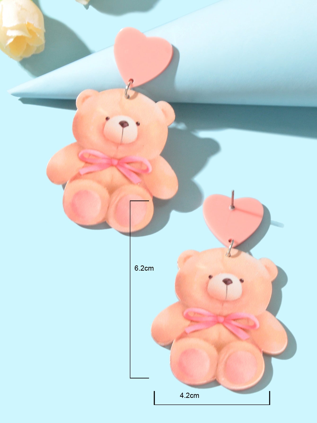 Super Sweet Pink Heart Bowknot Bear Acrylic Dangle Stud Earrings Birthday Gift