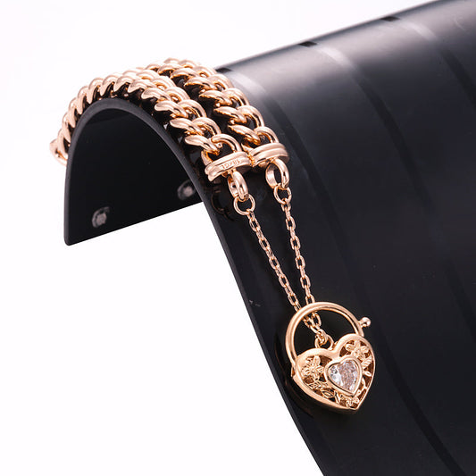 18ct Heavy Rose Gold Plated Euro Chain Bracelet with a Filigree Locket Featuring a Simulated Diamond - USA Made