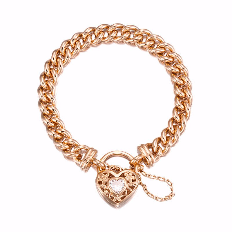 18ct Heavy Rose Gold Plated Euro Chain Bracelet with a Filigree Locket Featuring a Simulated Diamond - USA Made