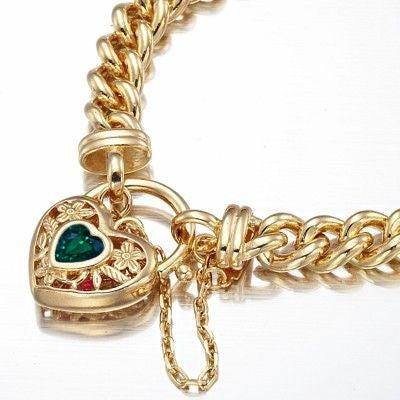 18ct Heavy Yellow Gold Plated Euro Chain Bracelet with a Green Filigree Locket - USA Made