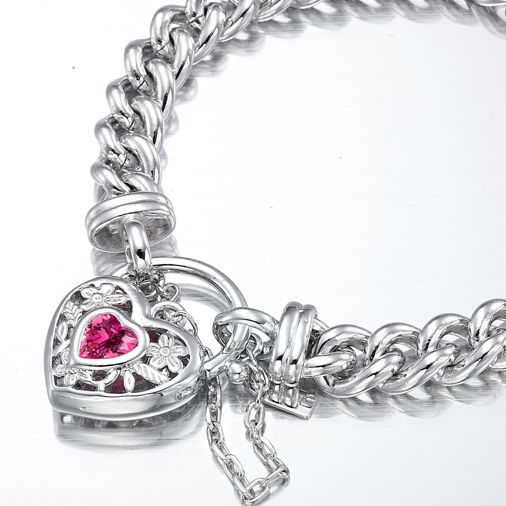 925 Sterling Silver Plated Euro Chain Bracelet with a Pink Filigree Locket - USA Made