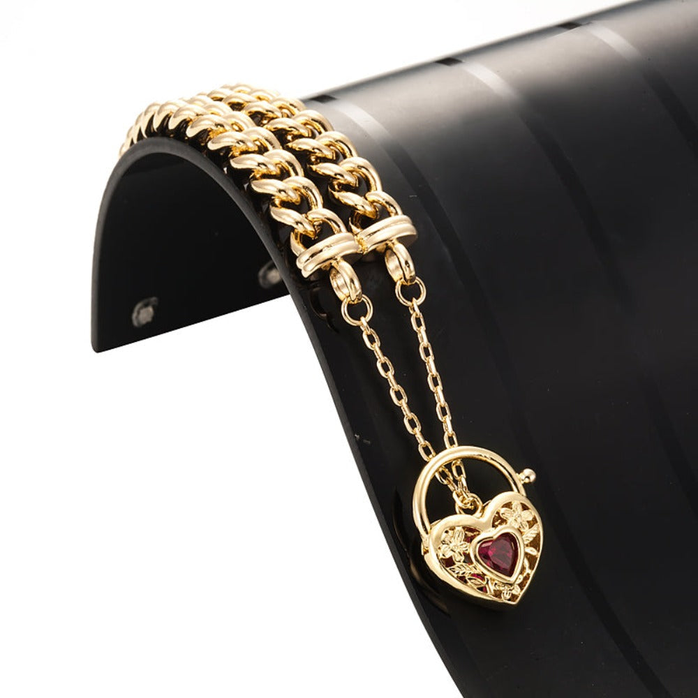 18ct Heavy Yellow Gold Plated Euro Chain Bracelet with a Filigree Locket Featuring a Simulated Ruby - USA Made