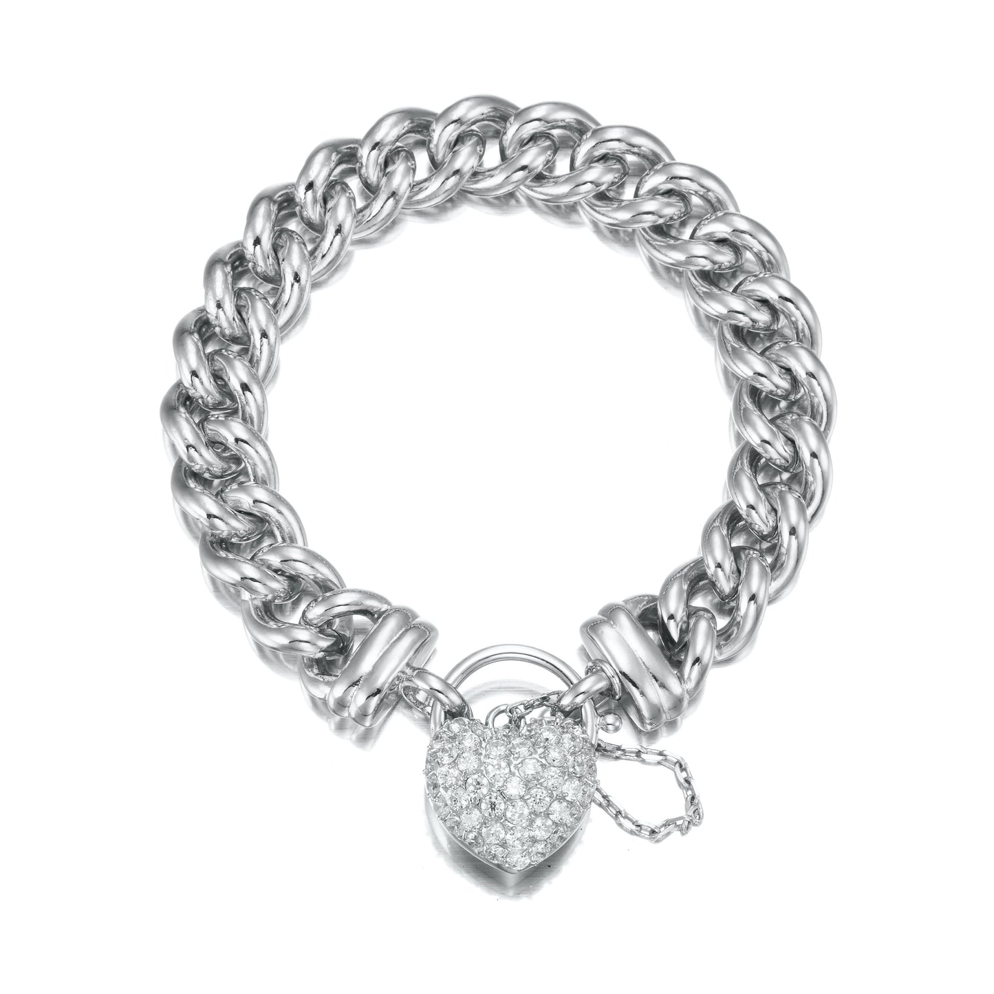 925 Sterling Silver Plated 12mm Euro Curb Chain Bracelet Featuring a Simulated Diamond Locket - USA Made
