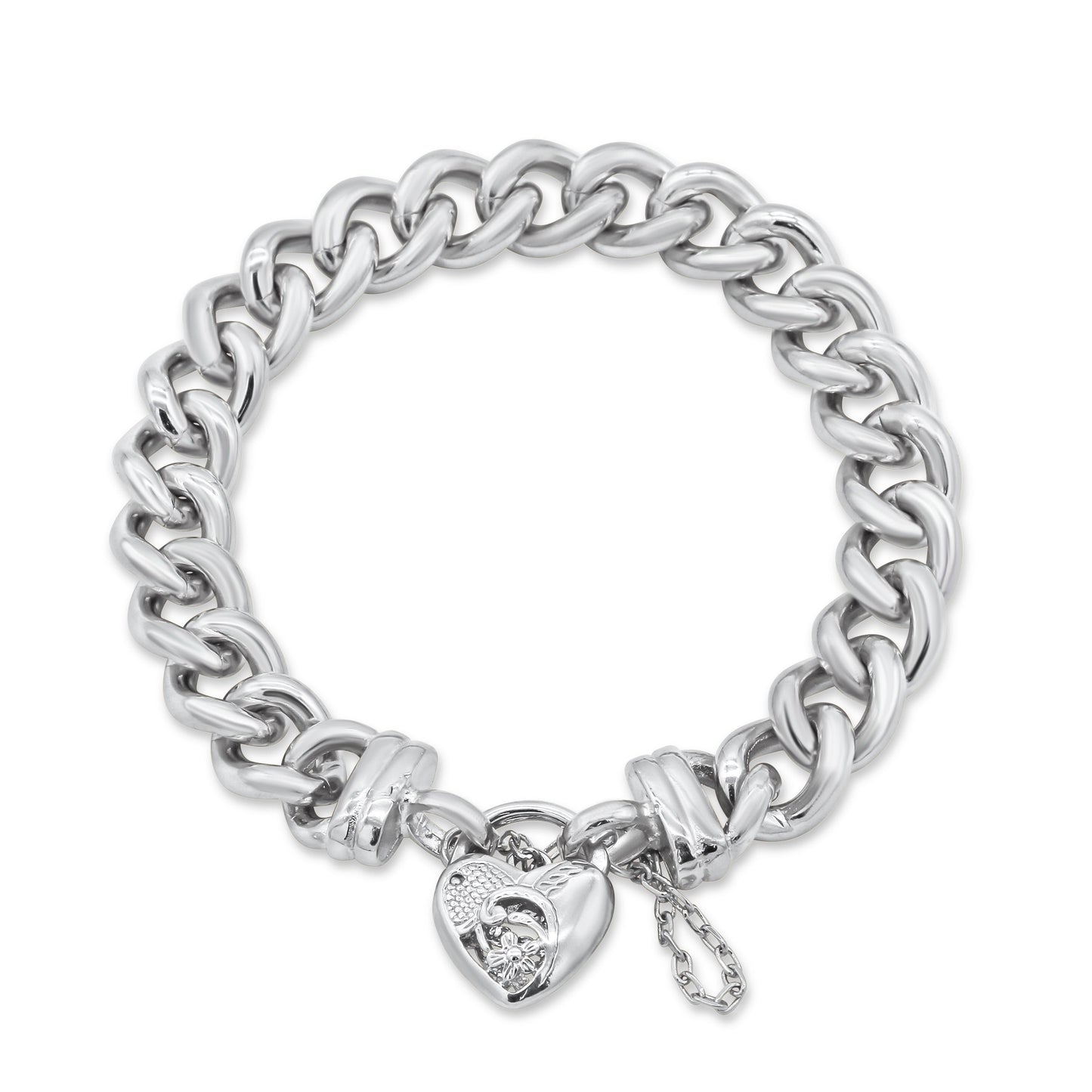 925 Sterling Silver Plated 12mm Euro Curb Chain Bracelet with a Vegas Heart Locket - USA Made