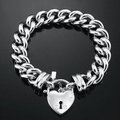 925 Sterling Silver Plated 12mm Euro Curb Chain Bracelet Featuring a Plain Locket - USA Made