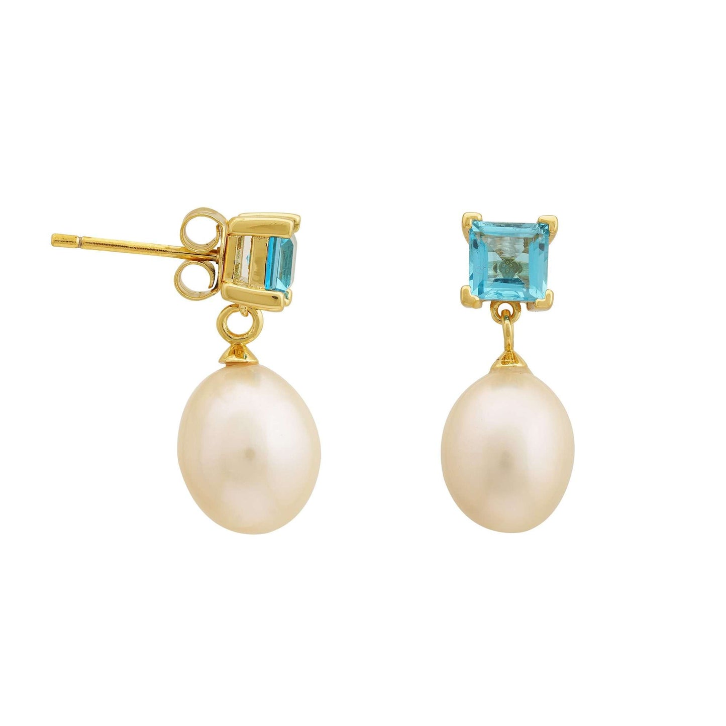 4 MM Swiss Blue Topaz Stone & 9 - 9.5 MM Freshwater Pearl Bordeaux Earrings in 24 CT Gold Plated Silver 925 Setting