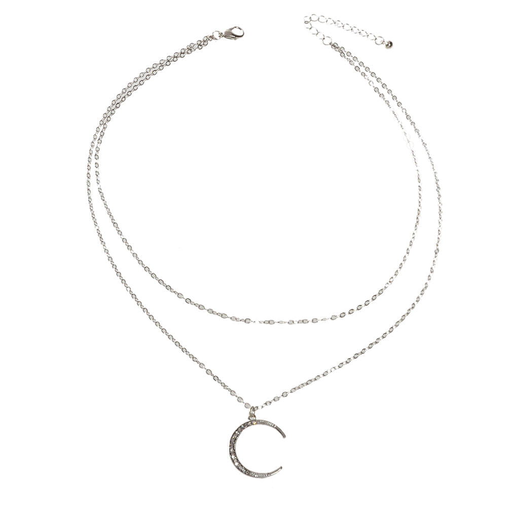 Women Accessories Double layer Chain with Rhinestone Moon Charm Trendy Necklace