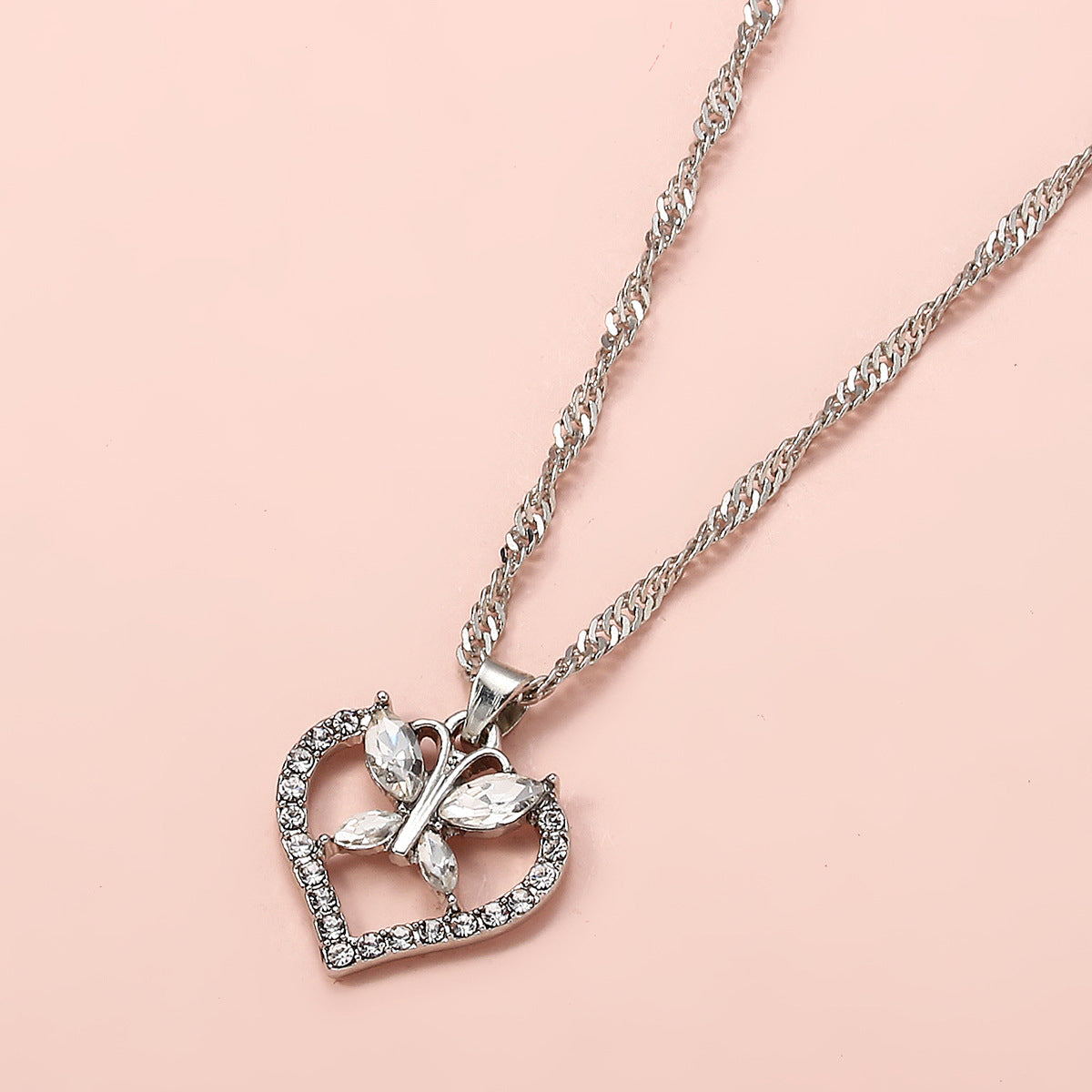 Anniversary Jewelry Silver Chain Full Rhinestone Butterfly Heart Charm Necklace