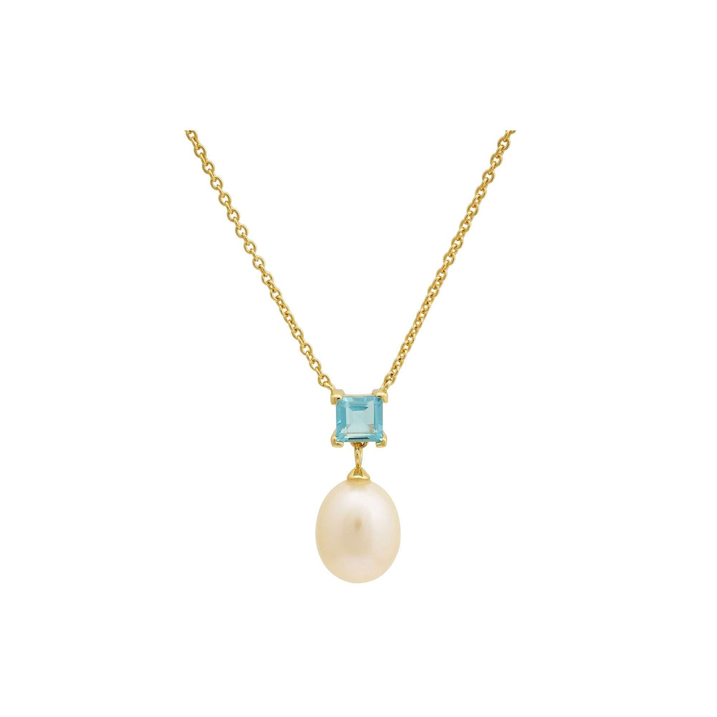 5 MM Blue Topaz Square Cut Stone & 9 - 9.5 MM Freshwater Pearl Venice Drop Pendant Necklace - Adjustable Chain in 24 CT Silver 925 Setting