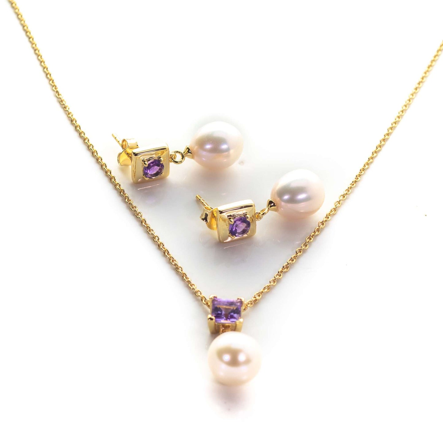 4 MM Round and 5 MM Square Amethyst Stone & 9 - 9.5 MM Cultured Freshwater Pearl Drop Earrings & Pendant Bombay Set in Silver 925 24CT Gold Plated