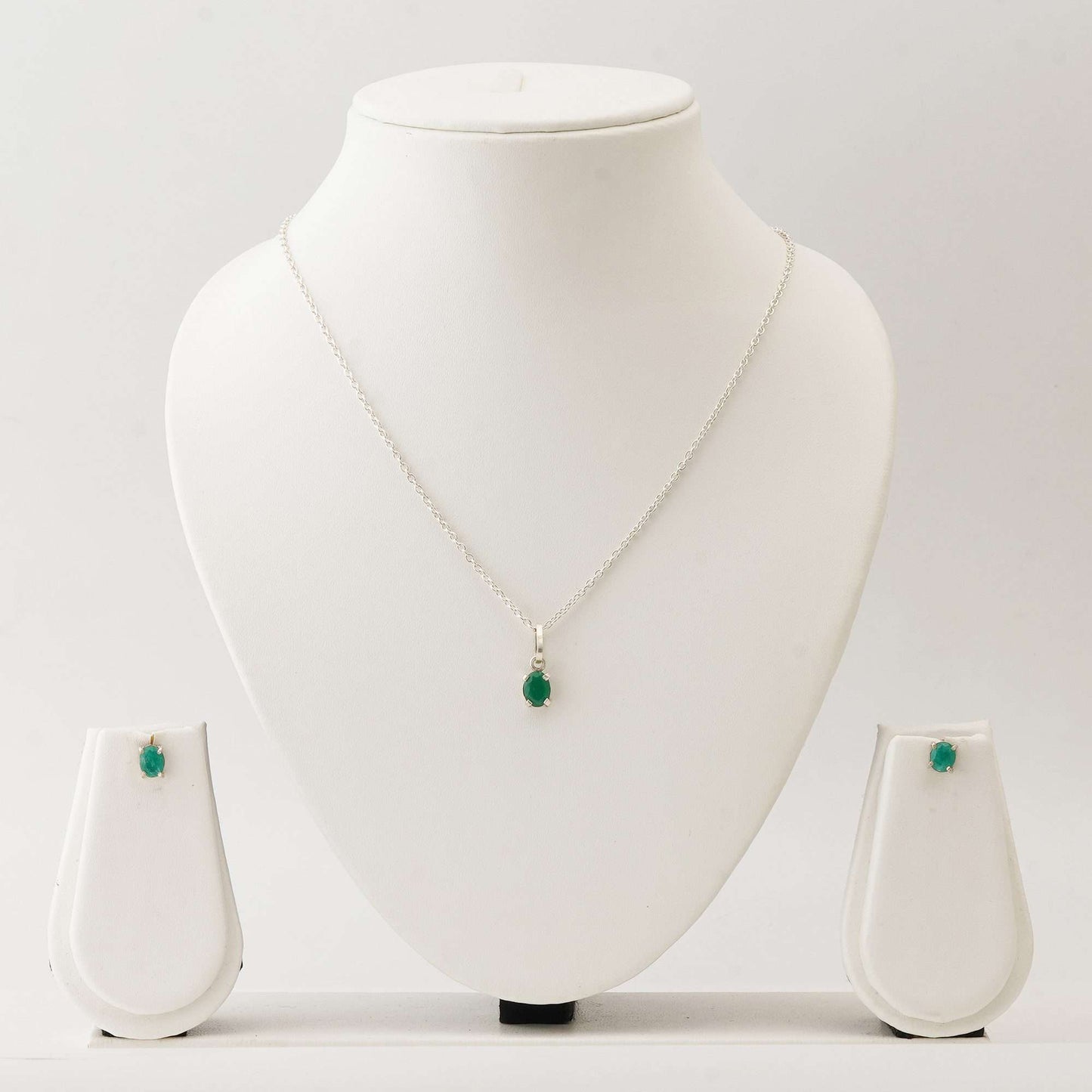 Oval Emerald Set with 1 CT Pendant and 1.5 CT Earrings in Italian Silver