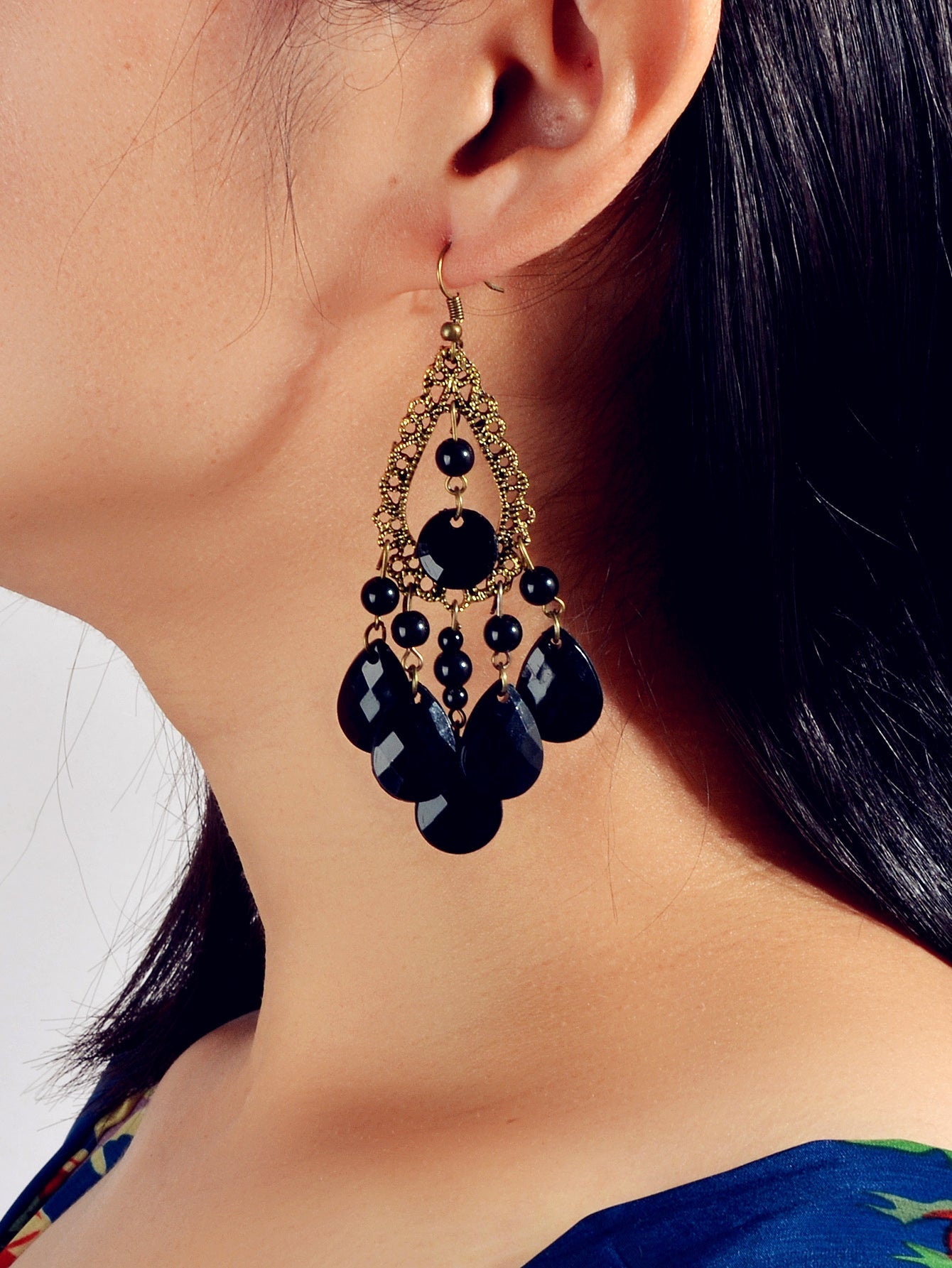 Bohemian Retro Jewellery Black Water Drop Beads Antique Gold Chandelier Earrings