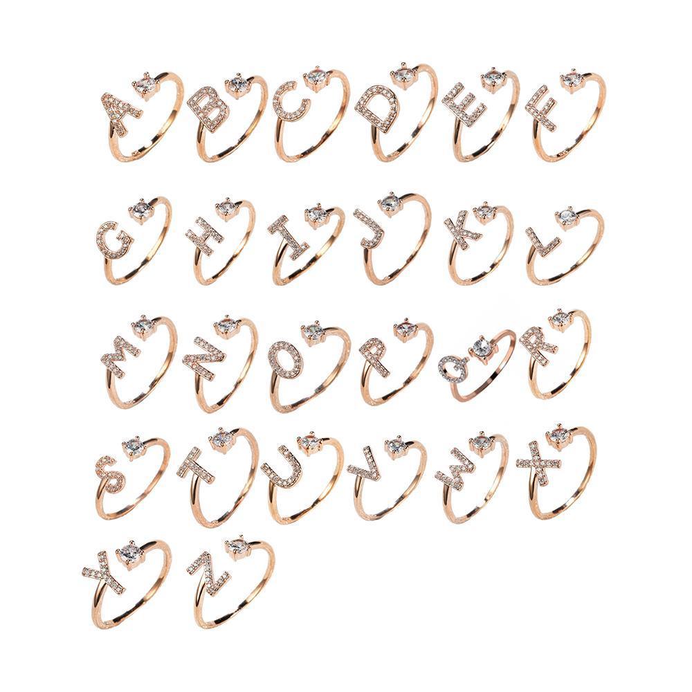 Adjustable Open Zircon Initial Ring A-Z Letters Fashion Womens Jewelry Gift