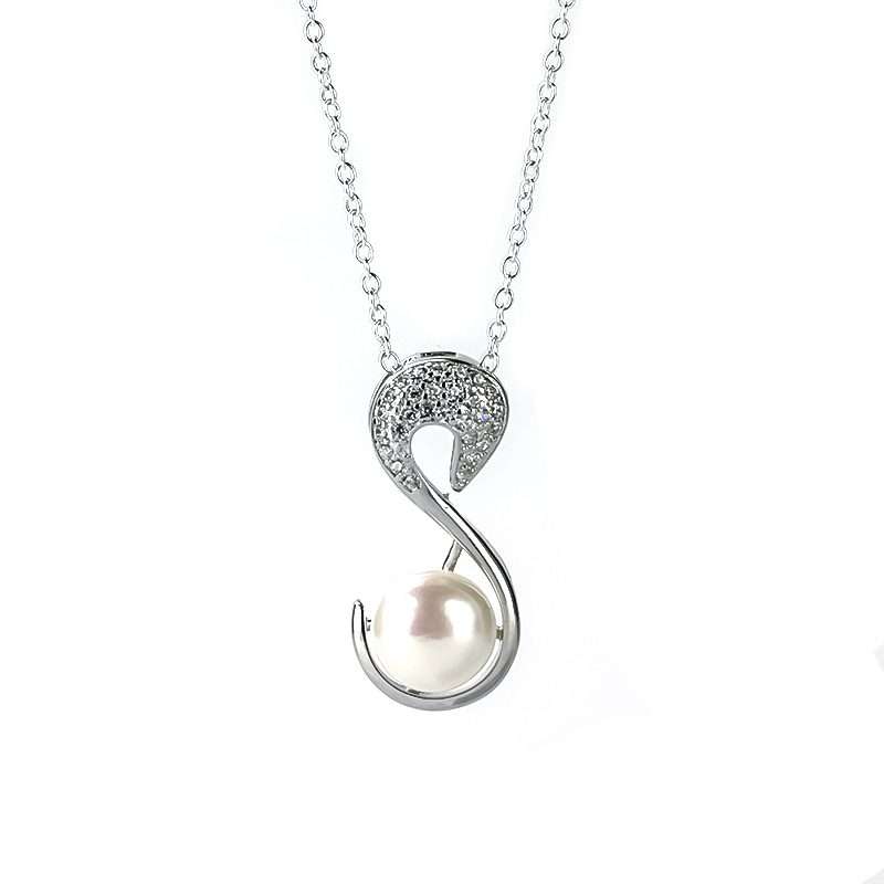 Freshwater Pearl Necklace in S Holding Pearl - White with Chain 7-8 mm AAA