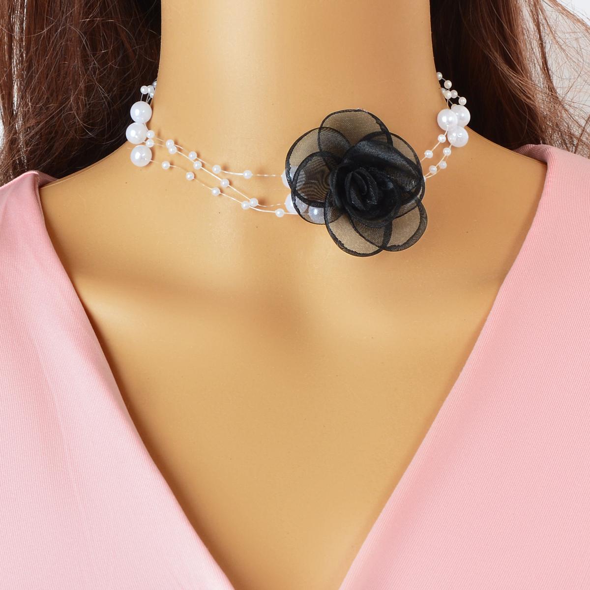Romantic Jewellery Multi-layer Pearl Chain White Flower Choker Floral Necklace