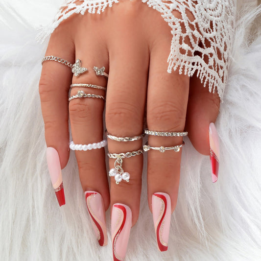 Set of Ten Silver Butterfly and Pearl Shaped Rings Elegant Statement Collection