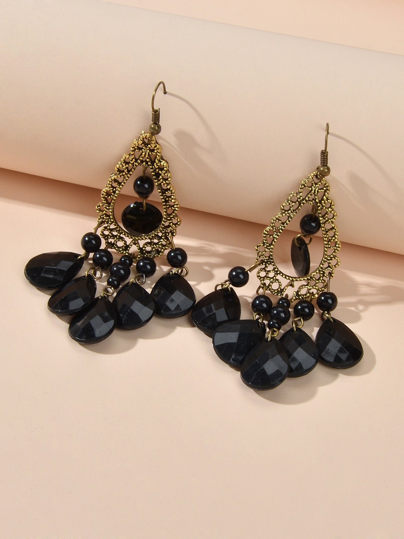 Bohemian Retro Jewellery Black Water Drop Beads Antique Gold Chandelier Earrings