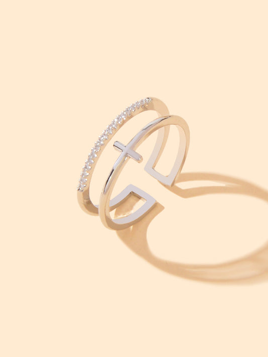 Designer Stylish Rhinestone Decor Silver Hollow out Cross Open Cuff Finger Ring