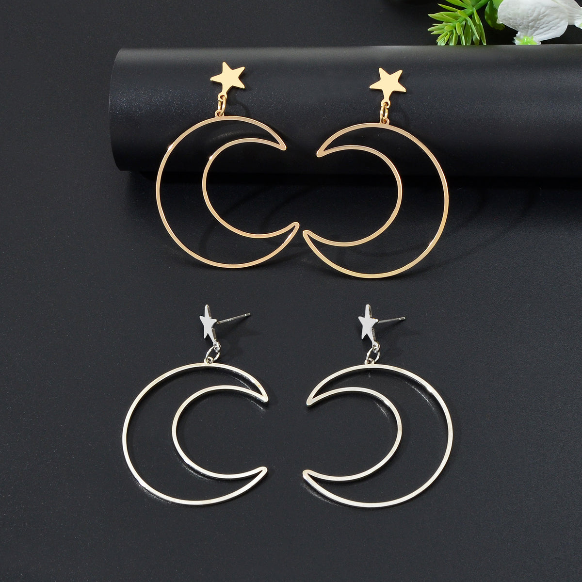 Hollow Out Large Moon Pendant Earrings Celestial Statement Jewelry Holiday Gift