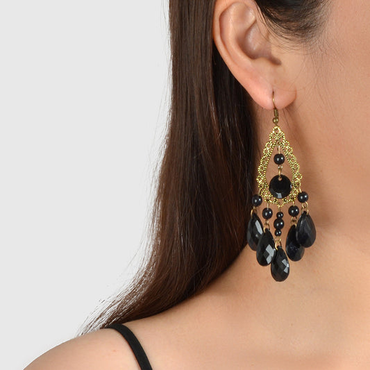 Bohemian Retro Jewellery Black Water Drop Beads Antique Gold Chandelier Earrings