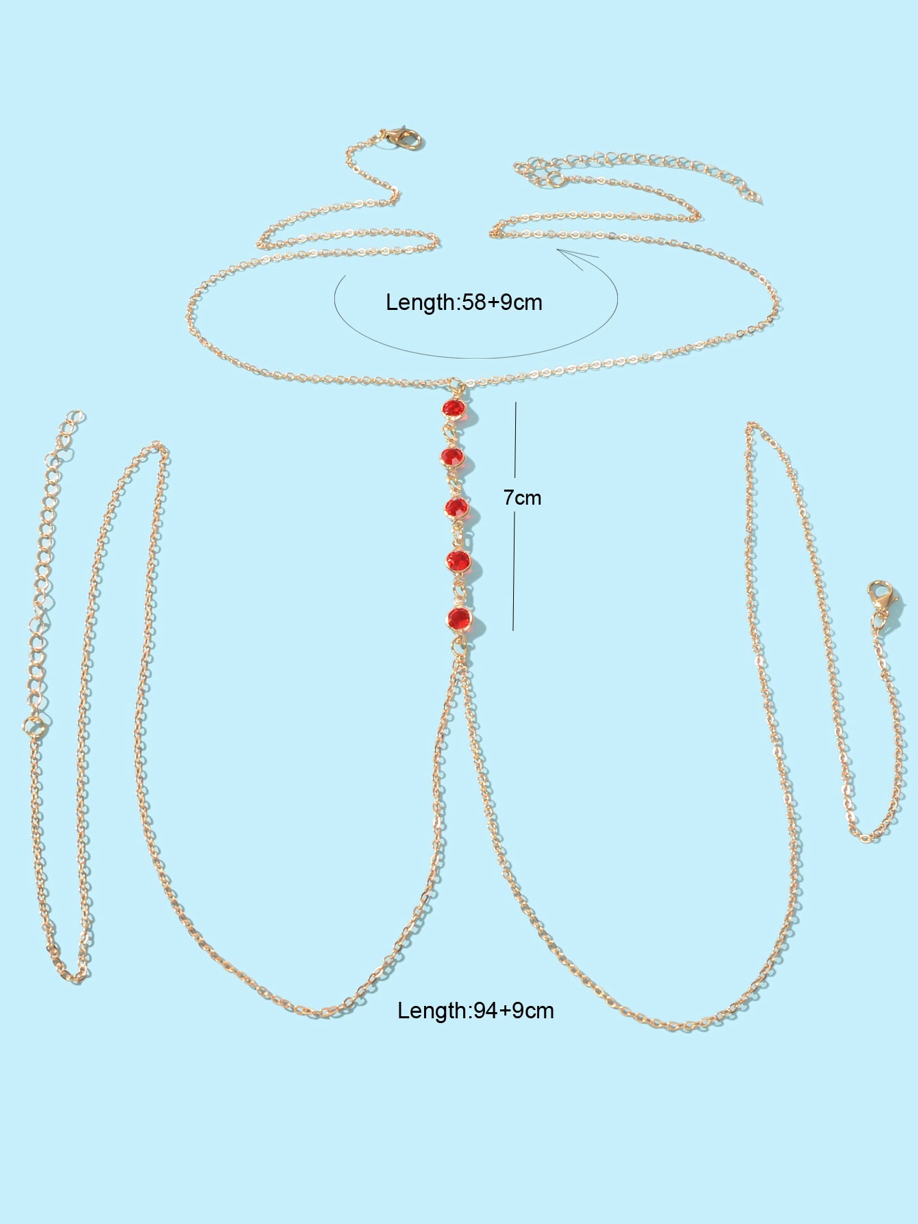 Sexy Red Beaded Decor Gold Body Chain Crossover Summer Beach Bikini Body Jewelry