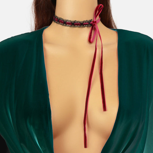 Vintage Black Lace Long Red Velvet Bow-knot Tie Banquet Ribbon Choker Necklace
