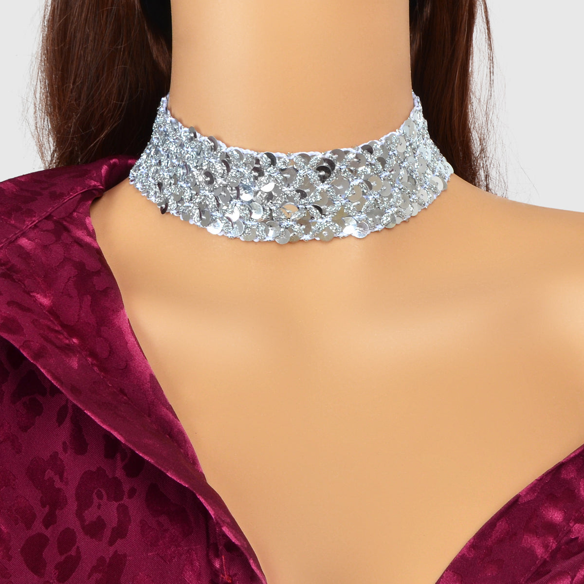 Shinny Wide Black Silver Sequin Choker Necklace Short Collar Costume Jewellery