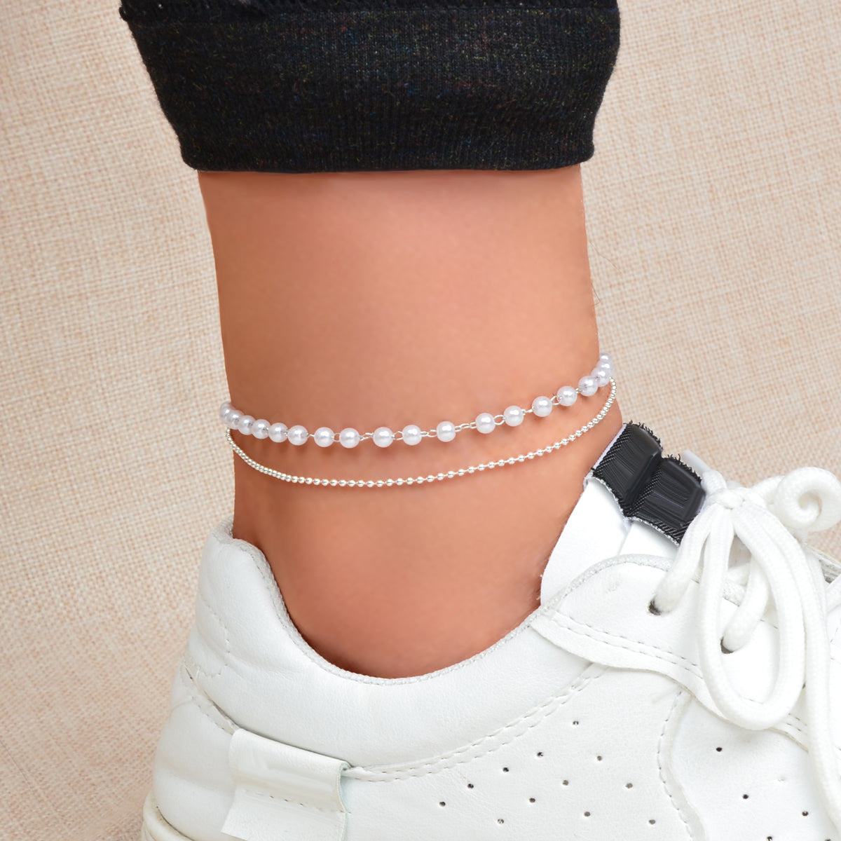 Double layer Silver Popcorn Chain Pearl Adjustable Anklet Beach Foot Jewellery