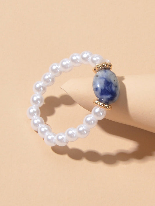Retro Textured Jewellery Elastic Pearl Natural Stone Finger Ring Band for Women