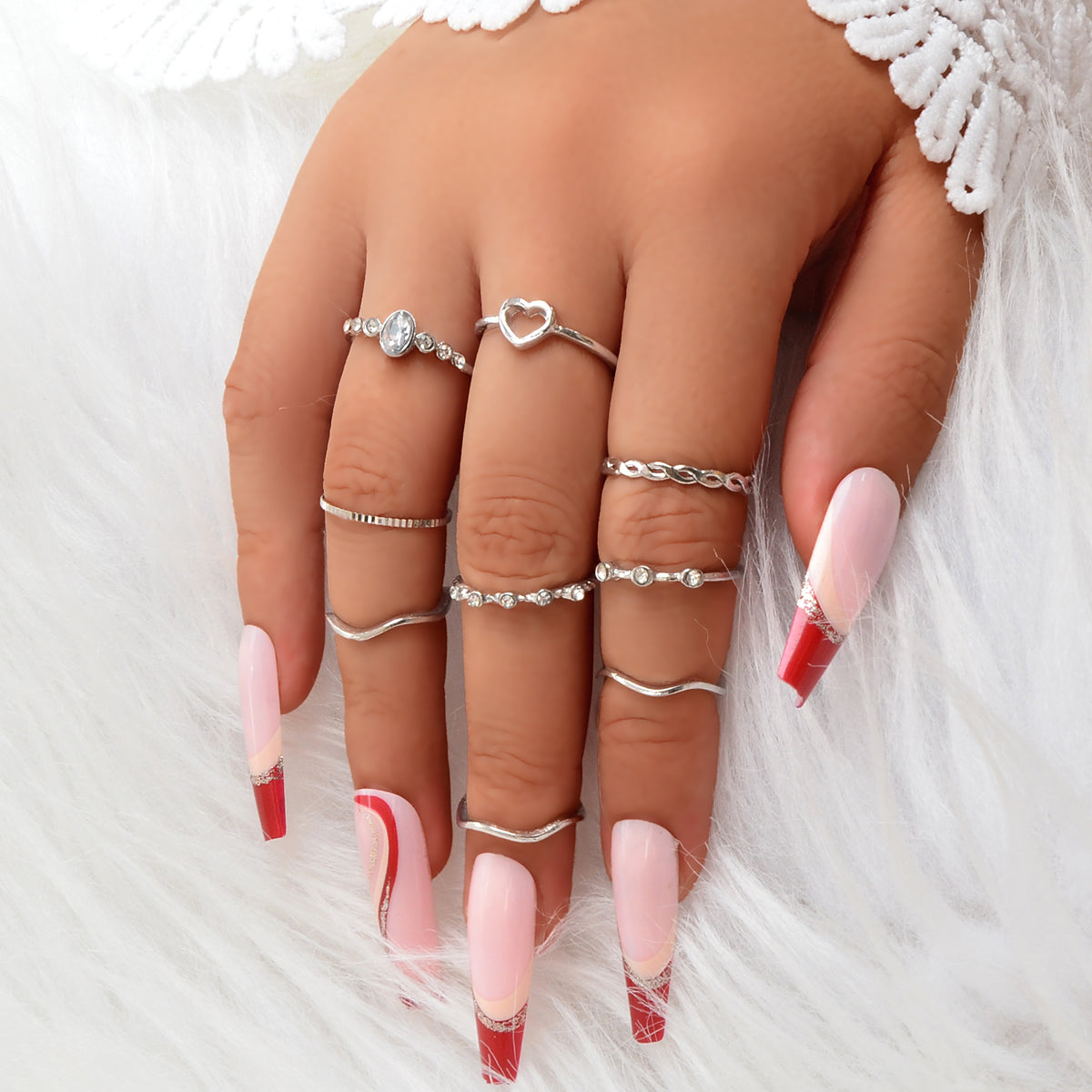 9pcs Bohemian Rhinestone Decor Silver Stackable Midi Multiple Knuckle Rings Set