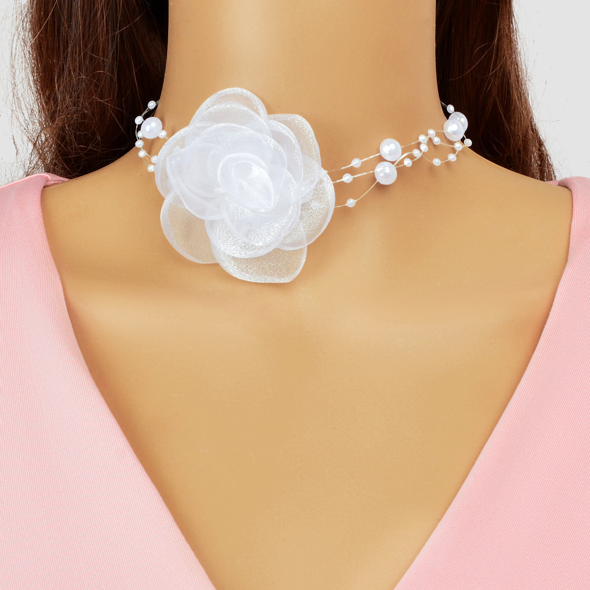 Romantic Jewellery Multi-layer Pearl Chain White Flower Choker Floral Necklace