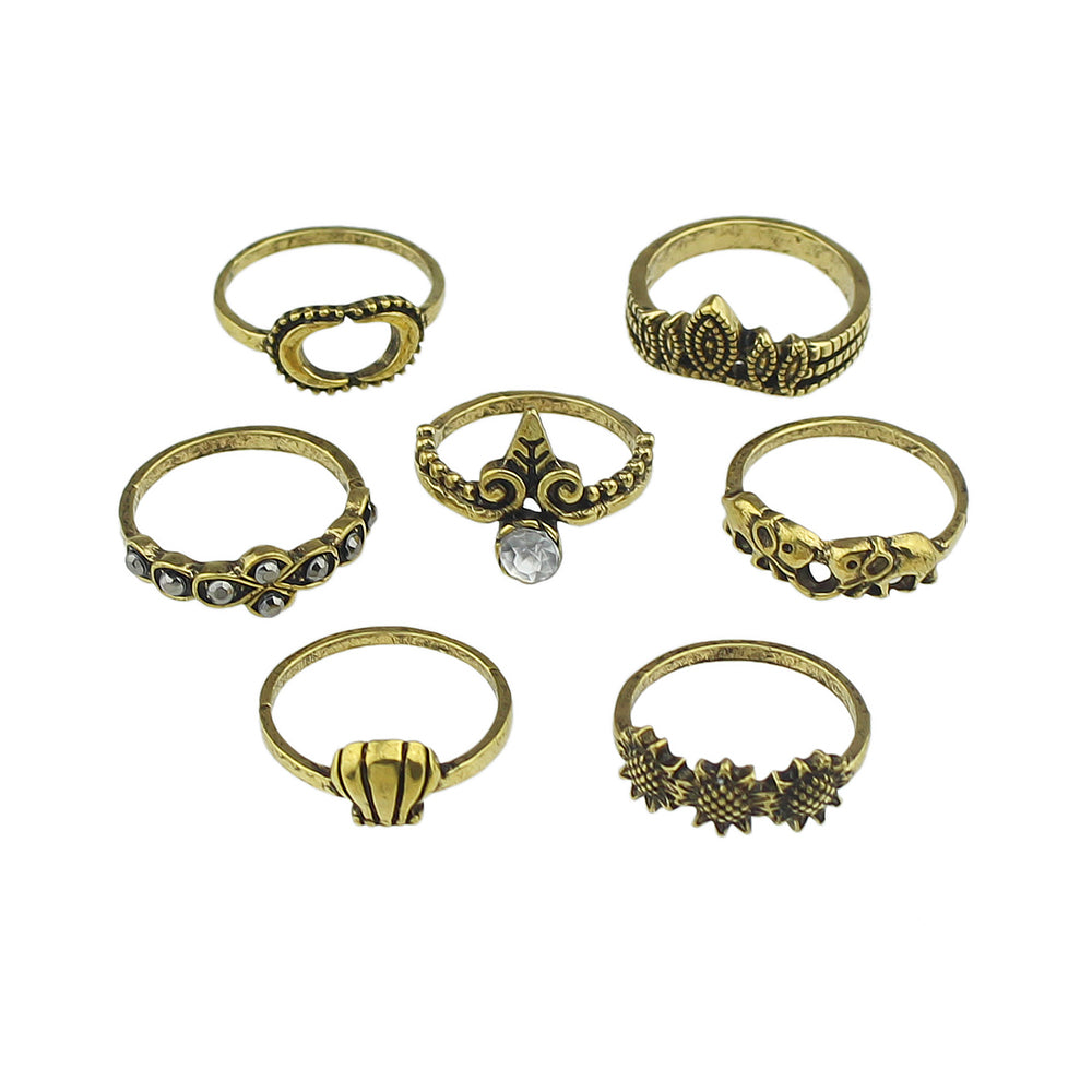 7 pcs Vintage Jewellery Oxidized Antique Gold Moon Shell Finger Ring Set