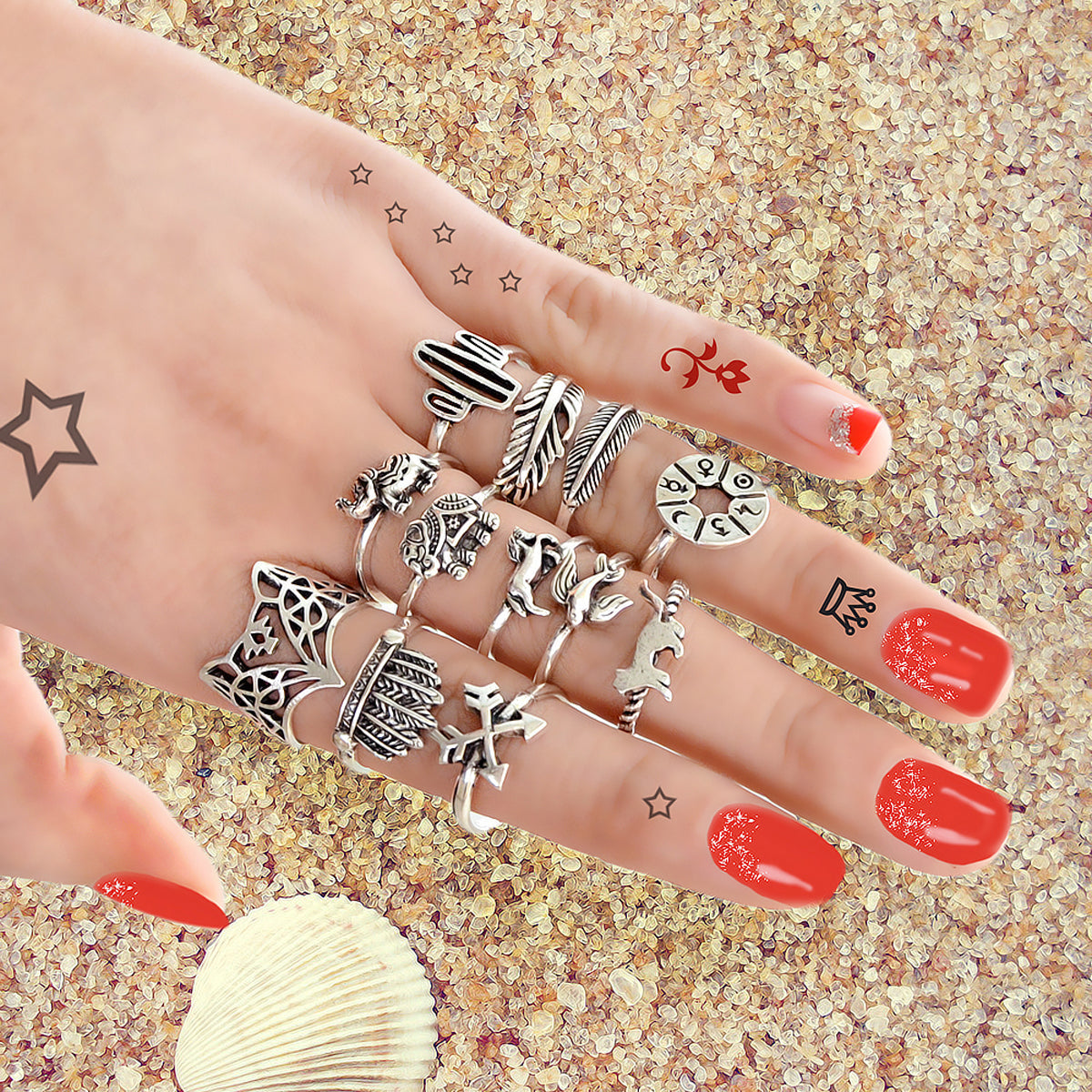 12 pcs Antique Silver Fox Bird Elephant Stackable Multiple Ring Set Jewellery