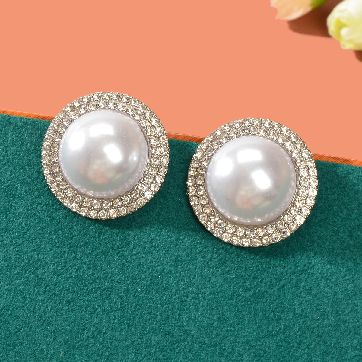 Luxurious Rhinestone Big Pearl Decor Round Stud Earrings Wedding Bridal Jewelry