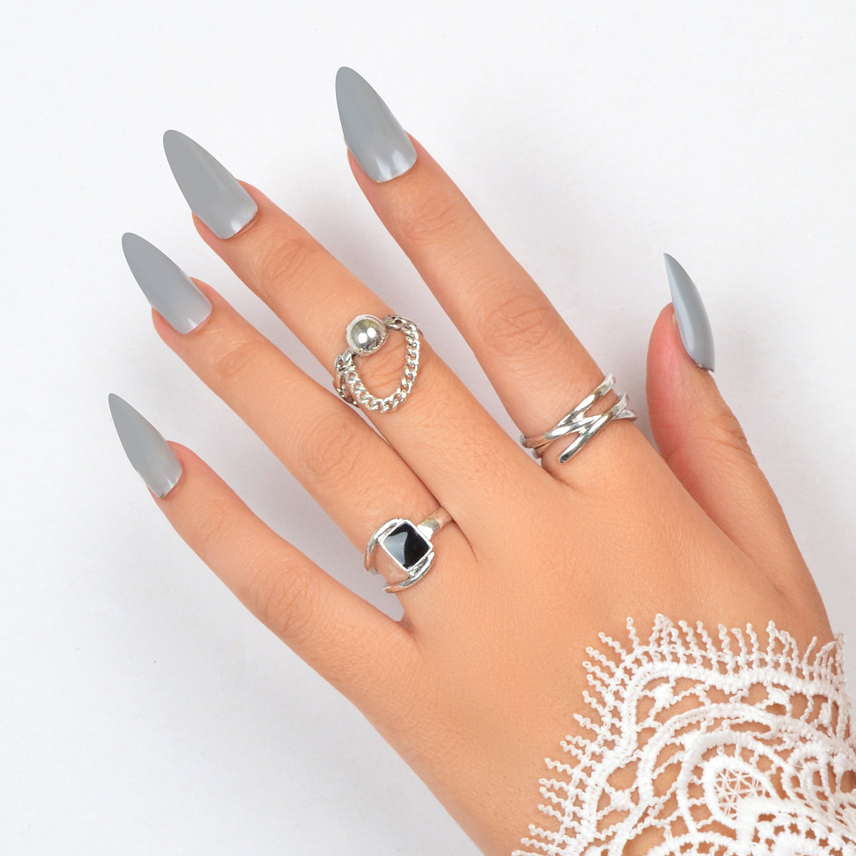3 pcs Punk Silver Hollow Carved with Chain Statement Stacking Knuckle Rings set