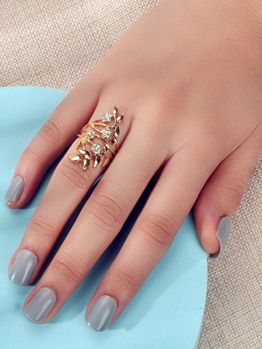 Luxurious Rhinestone Decor Silver Hollow Flower Leaf Finger Engagement Gift Ring