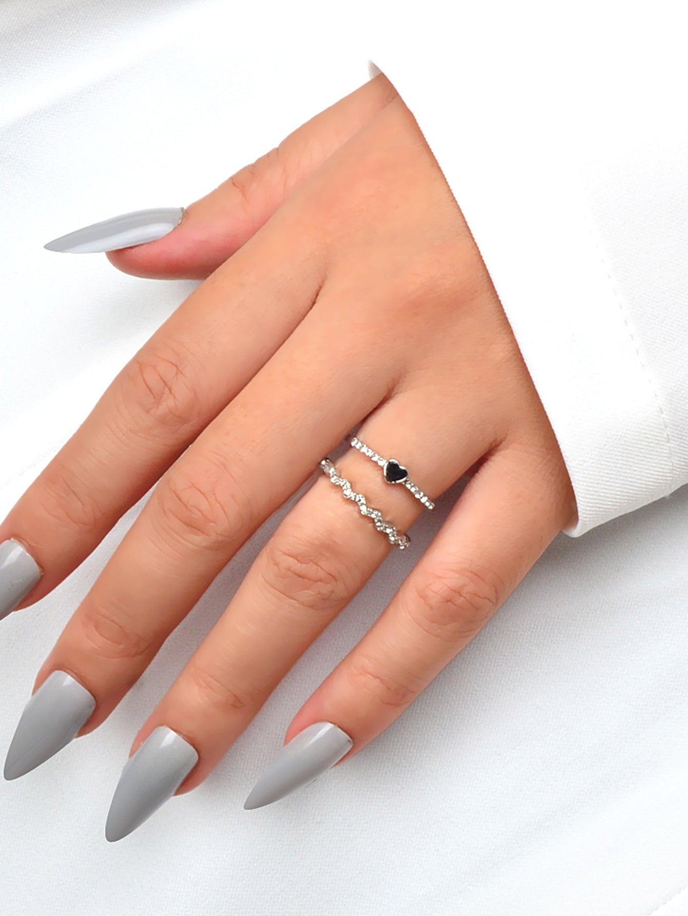 2pcs Black Enamel Heart Silver Love Rings Women Romantic Band Teen Birthday Gift