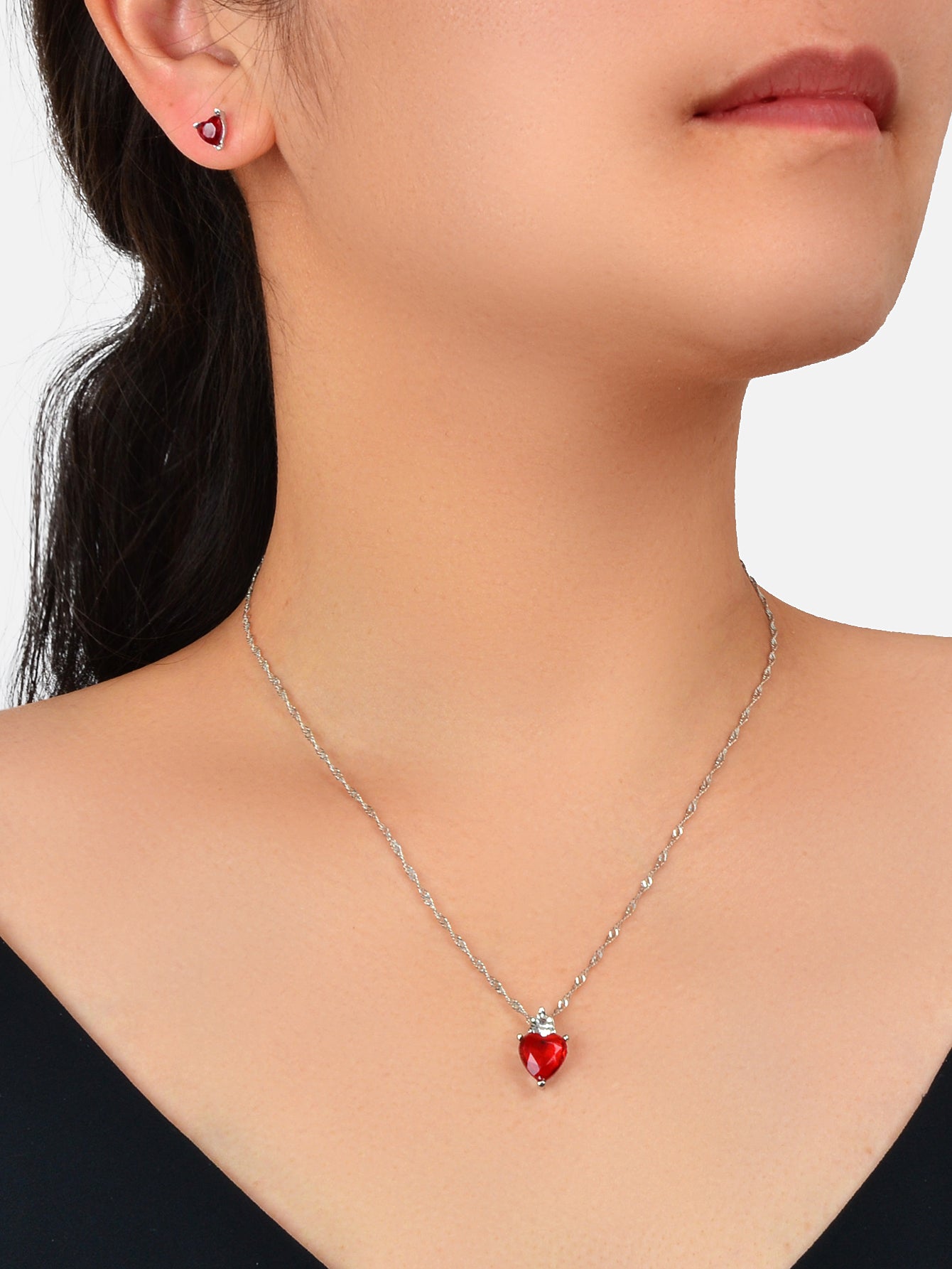 Valentine's Day Jewelry Set Gift Red Imitation Gemstone Heart Necklace Earrings