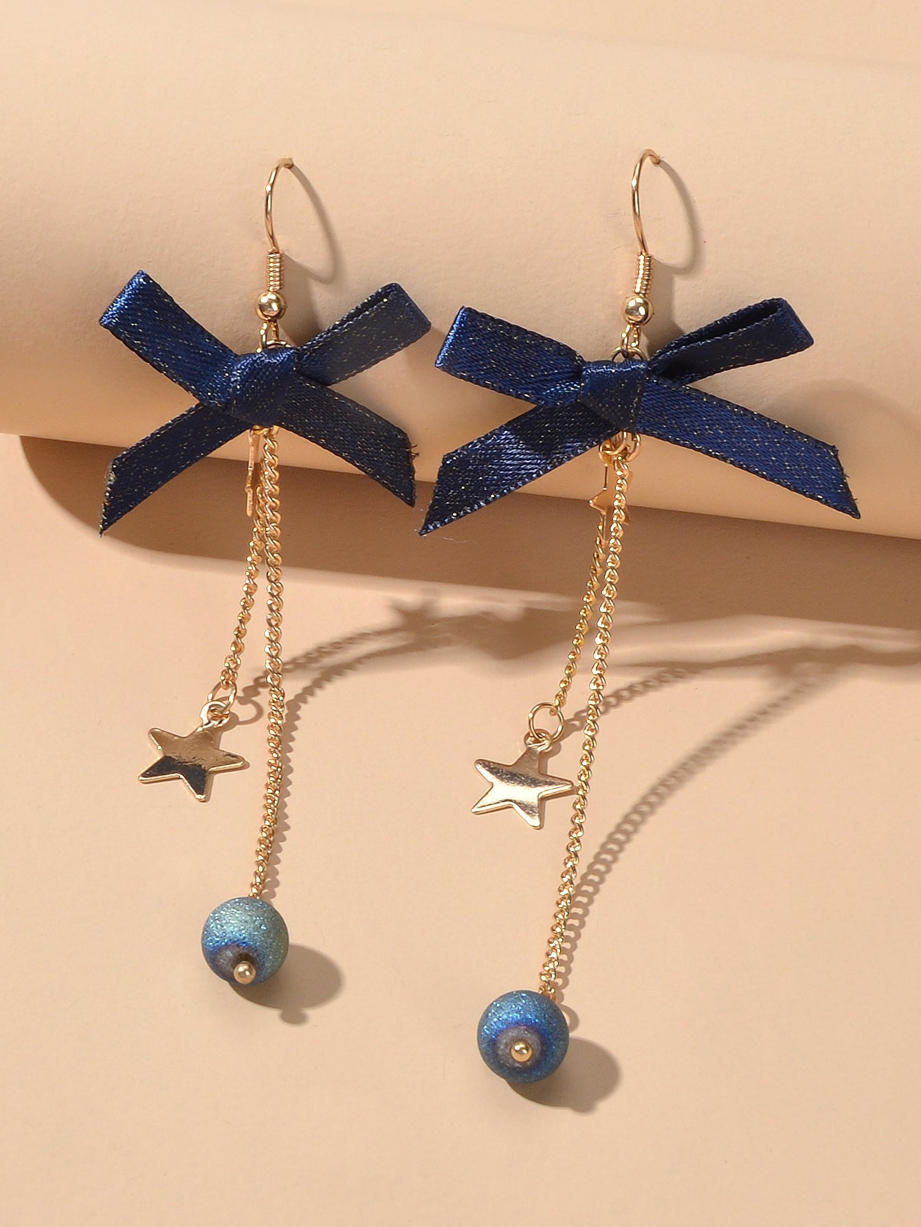 Sweet Design Blue Ribbon Bowknot Long Gold Chain Star Beads Pendant Earrings