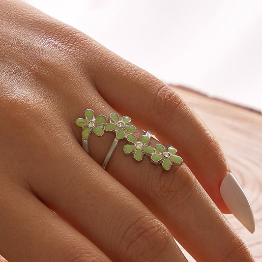 Elegant Jewelry Green Black Enamel Flower Finger Ring Wedding Band Comfort Ring