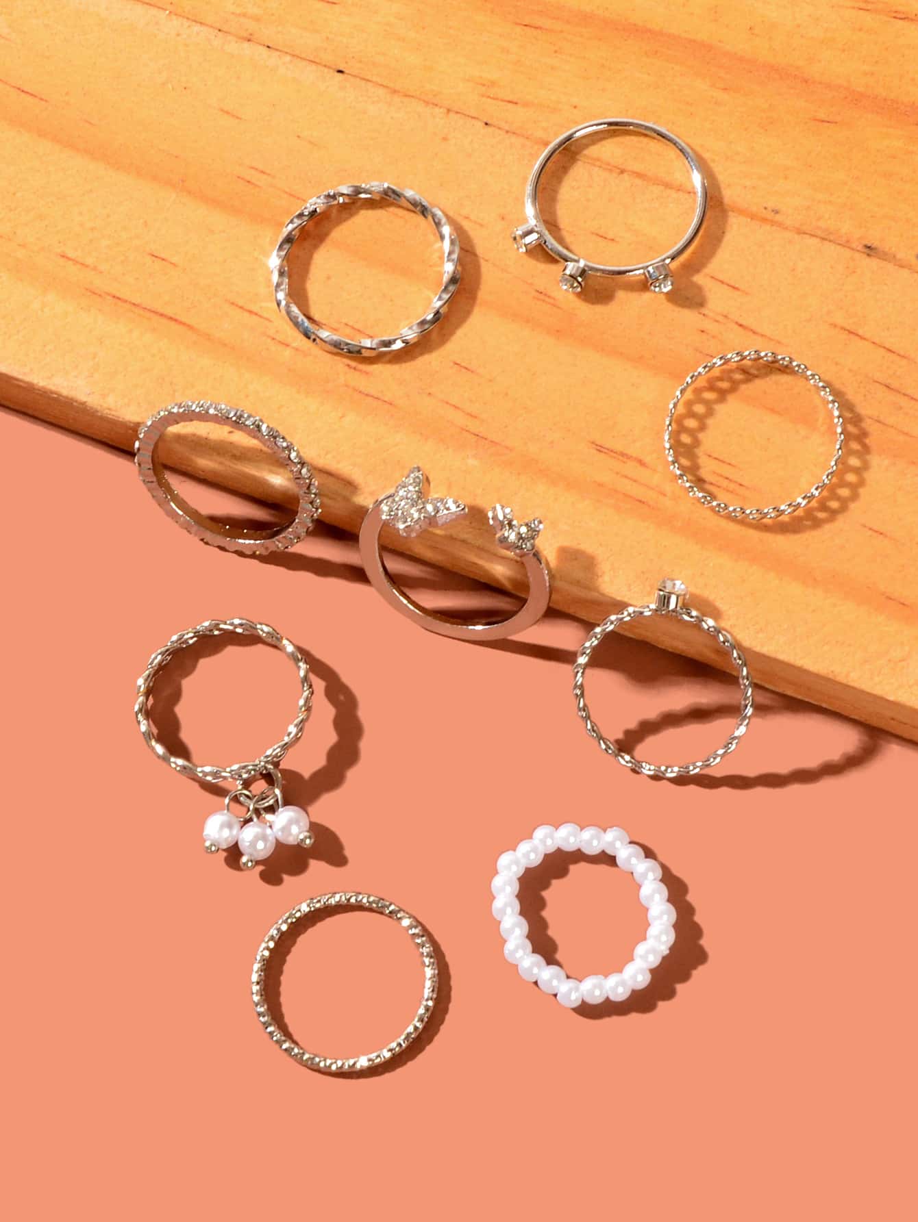 Set of Ten Silver Butterfly and Pearl Shaped Rings Elegant Statement Collection