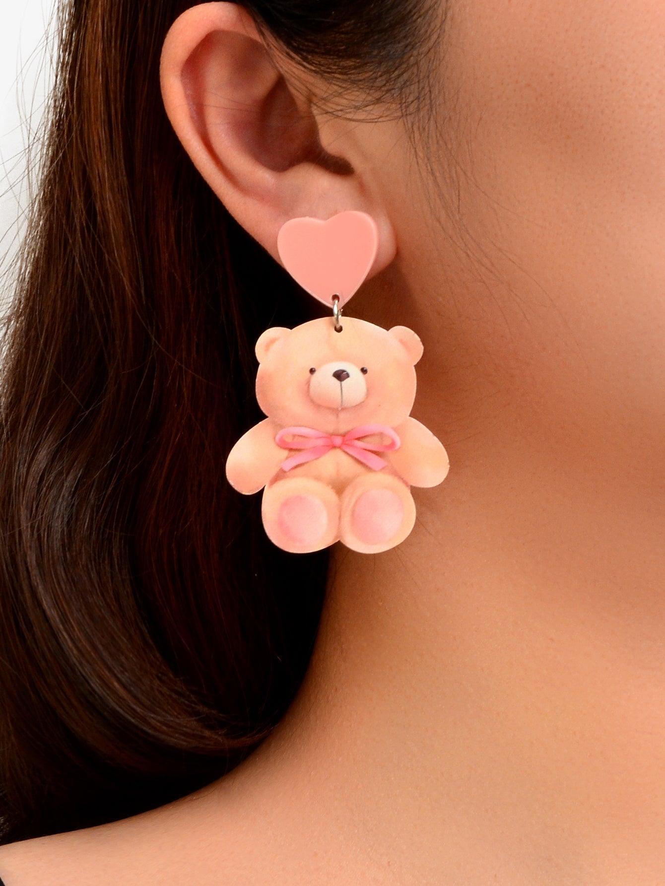 Super Sweet Pink Heart Bowknot Bear Acrylic Dangle Stud Earrings Birthday Gift