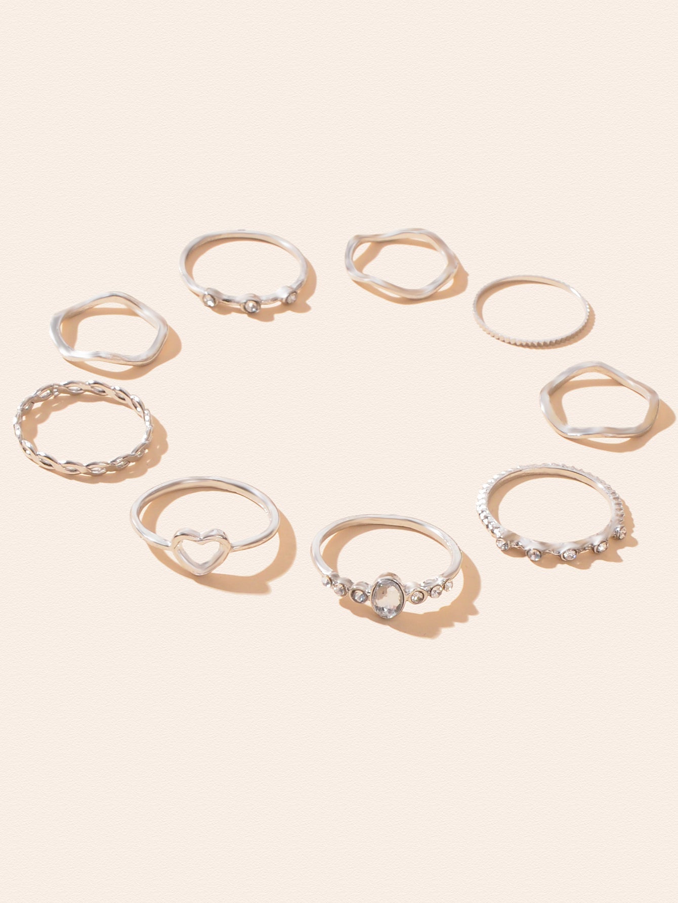 9pcs Bohemian Rhinestone Decor Silver Stackable Midi Multiple Knuckle Rings Set