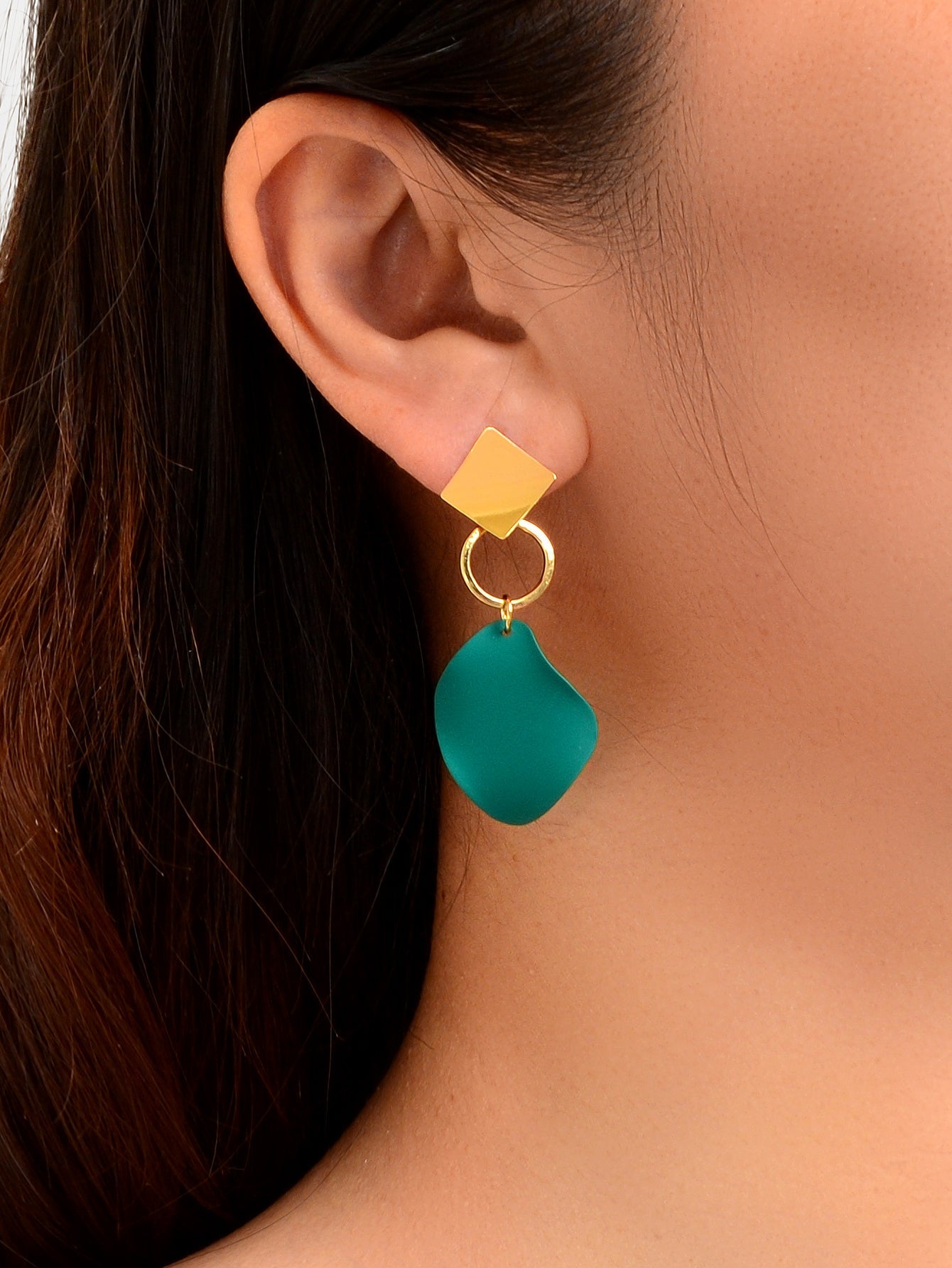 Elegant Gold Sqaure Circle Geometric Dark Green Charm Dangle Party Stud Earrings