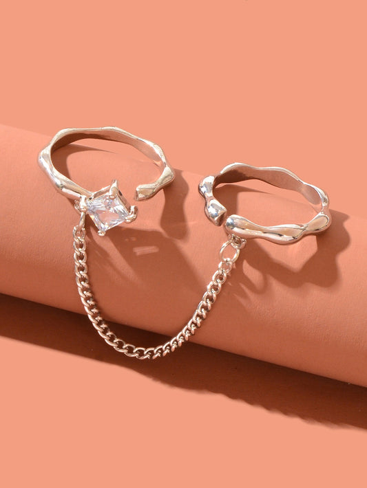 Unique Zirconia Decor Silver Double Fingers Ring with Chain Elegant Accessories
