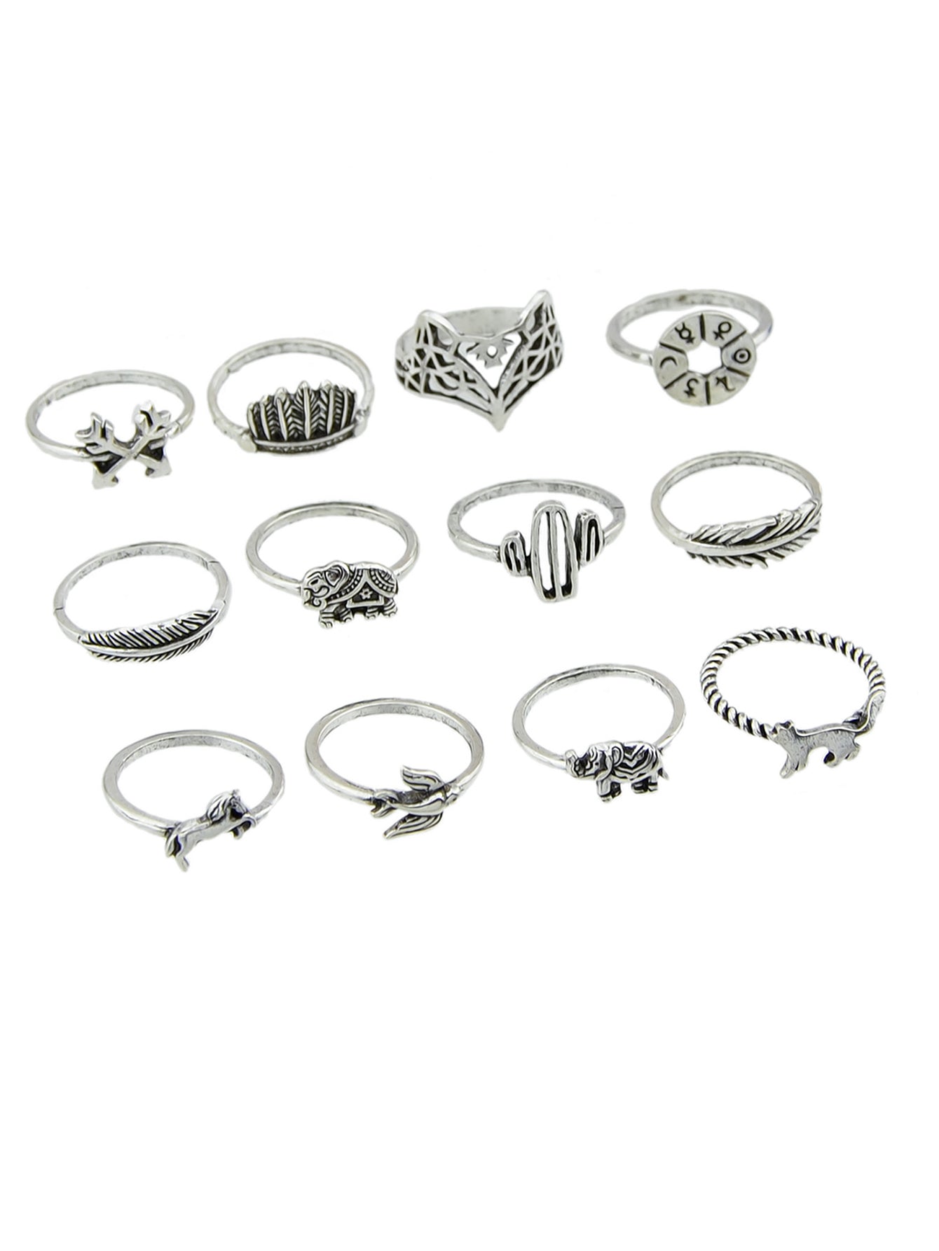12 pcs Antique Silver Fox Bird Elephant Stackable Multiple Ring Set Jewellery